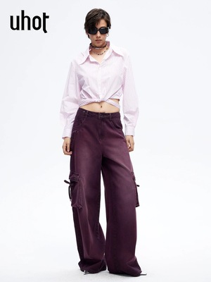 uhot/诱货26春粉白色条纹系带短款衬衫女复古流光甜酷风UWLS1C140