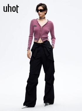 uhot/诱货26春玫粉/蓝色条纹针织衫女开衫短款坑条随性 UWLS1Z039