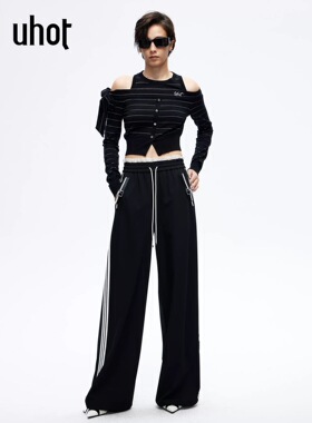 uhot/诱货26春黑色不对称露肩打底衫蝴蝶结系带针织衫女UWLS1Z016