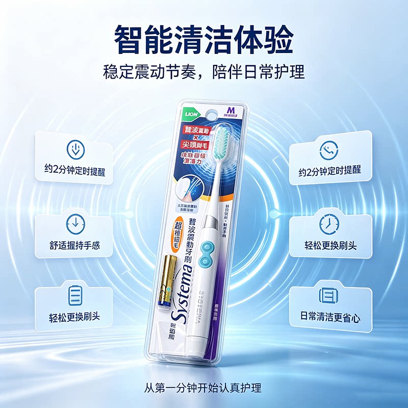 狮王System声波震动牙刷尖顶细毛深层清洁牙垢温和护牙龈牙刷替换