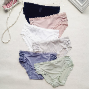 清仓回馈性感交叉#带时尚冰丝条纹蕾丝边包臀舒适透气女士内裤