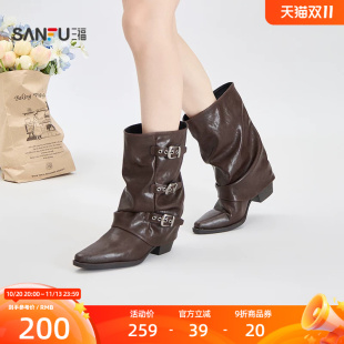 三福女靴韩系轻亚废土机车风中筒裤管尖头时尚中靴女鞋862283