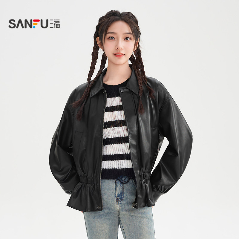 三福皮衣外套2025新款秋季小个子松紧收腰翻领宽松夹克女装508955,女装/女士精品,短外套,淘宝优惠券,粉丝福利购,淘宝优惠卷