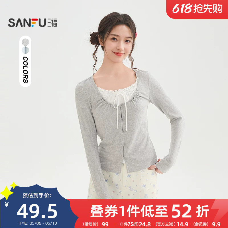 三福长袖T恤女2026新款春季小个子绑带假两件短款上衣女装517366