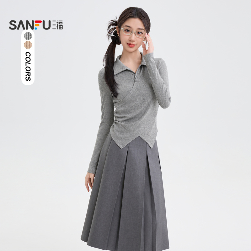 三福长袖T恤2025新款春季小众设计感翻领不规则下摆打底上衣女装