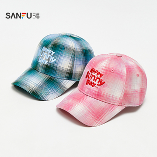 三福乐一通格子刺绣棒球帽鸭舌帽 街潮服饰造型配饰帽子507497