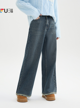 三福牛仔裤女2025新款冬季格子拼接脚口阔腿裤宽松裤子女装512264