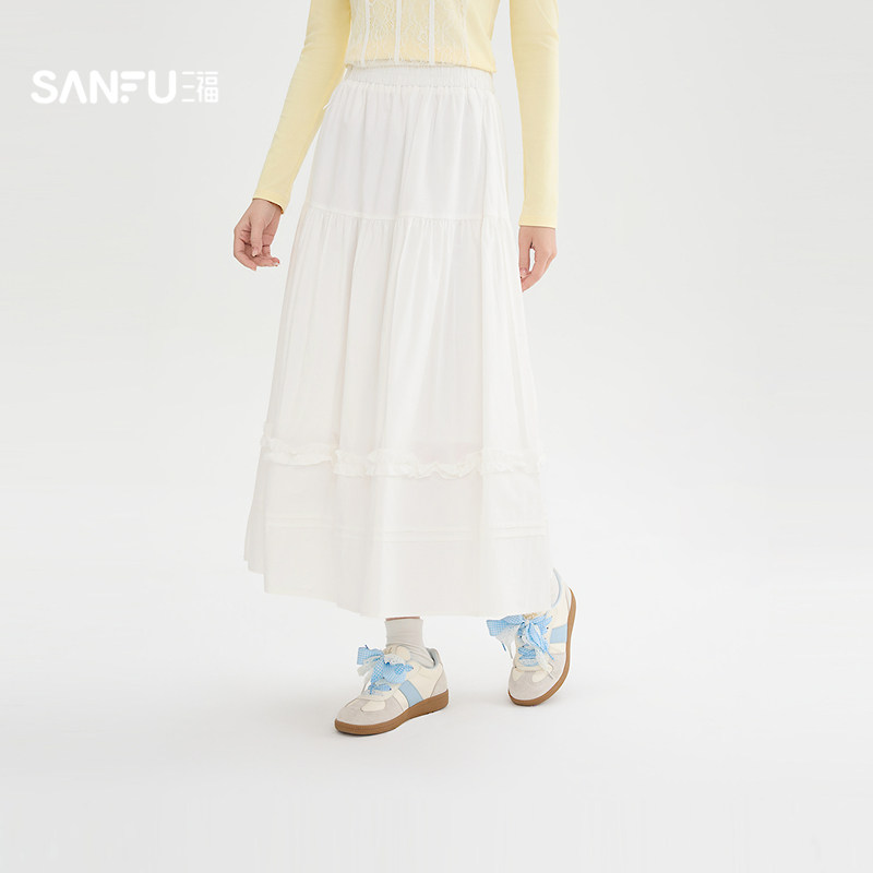 三福白色半身裙女2026新款春季甜美木耳花边裙摆长裙子女装515817图片