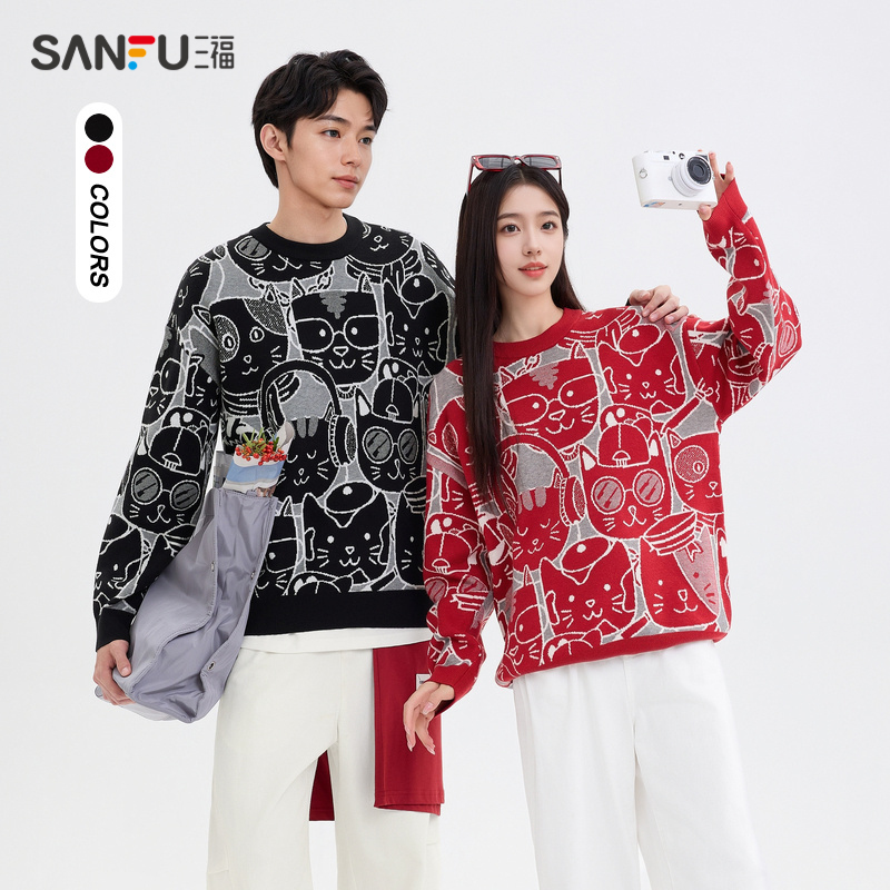 三福2025秋冬季新款满版猫咪图案毛衣情侣休闲潮流圆领针织衫男