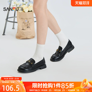 三福女乐福鞋秋季英伦学院风圆头条带扣时尚橡胶底女鞋860614