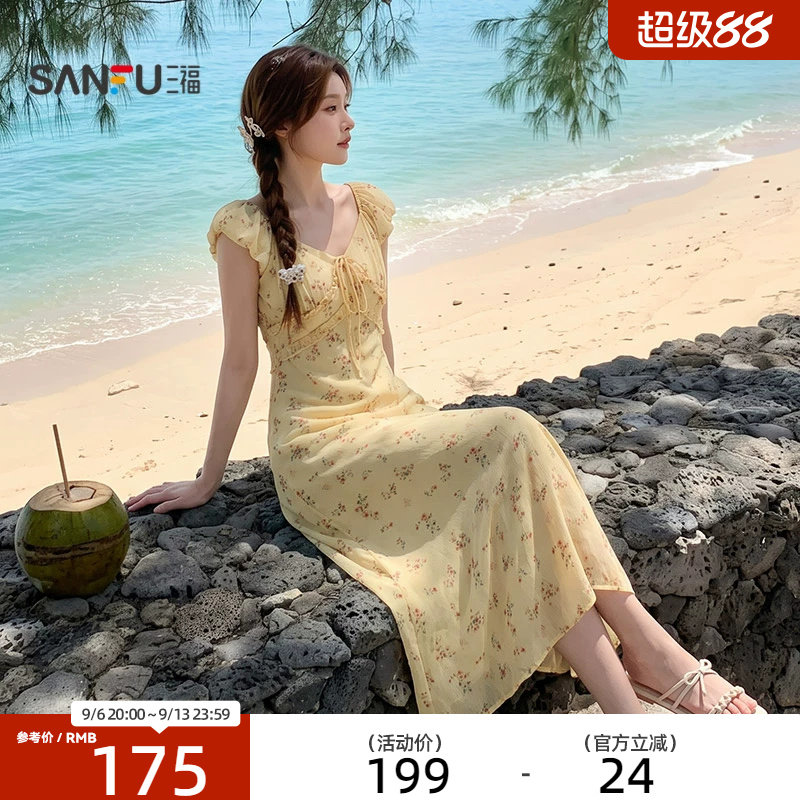 三福连衣裙2026夏季绑带装饰V领木耳花边收腰长裙女装527172图片