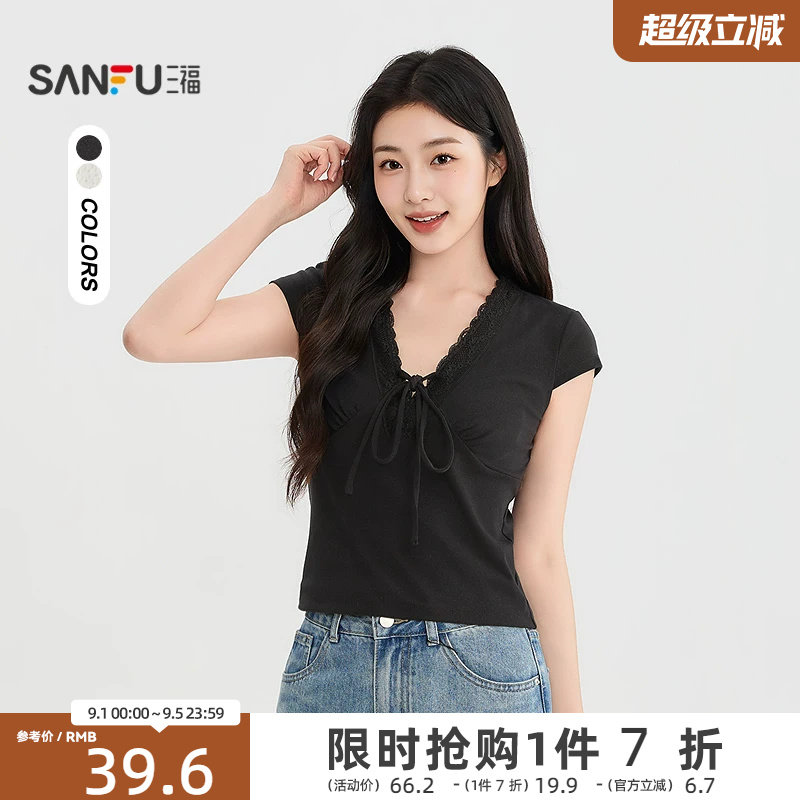 三福女短T恤2026夏季新款气质蕾丝花边领蝴蝶结绑带上衣女装图片