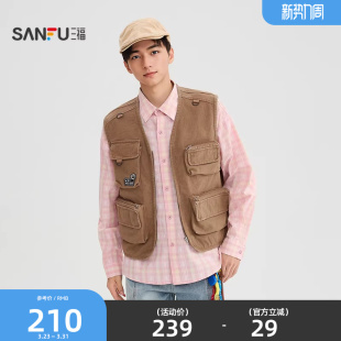 休闲宽松多口袋外套518892 刺绣章仔牛仔马甲 三福2026春季 男士