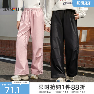 三福工装裤2026新款夏季运动风宽松遮跨阔腿长裤休闲黑色裤子女装