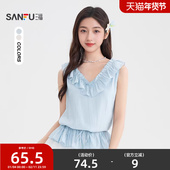 衬衫 2026新款 夏季 三福法式 抽绳收腰荷叶边V领气质上衣女装 503647