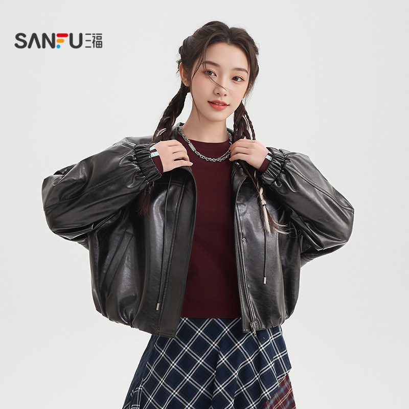 三福皮衣外套女2026新款春季时尚宽松兜摆翻领黑色夹克女装517586