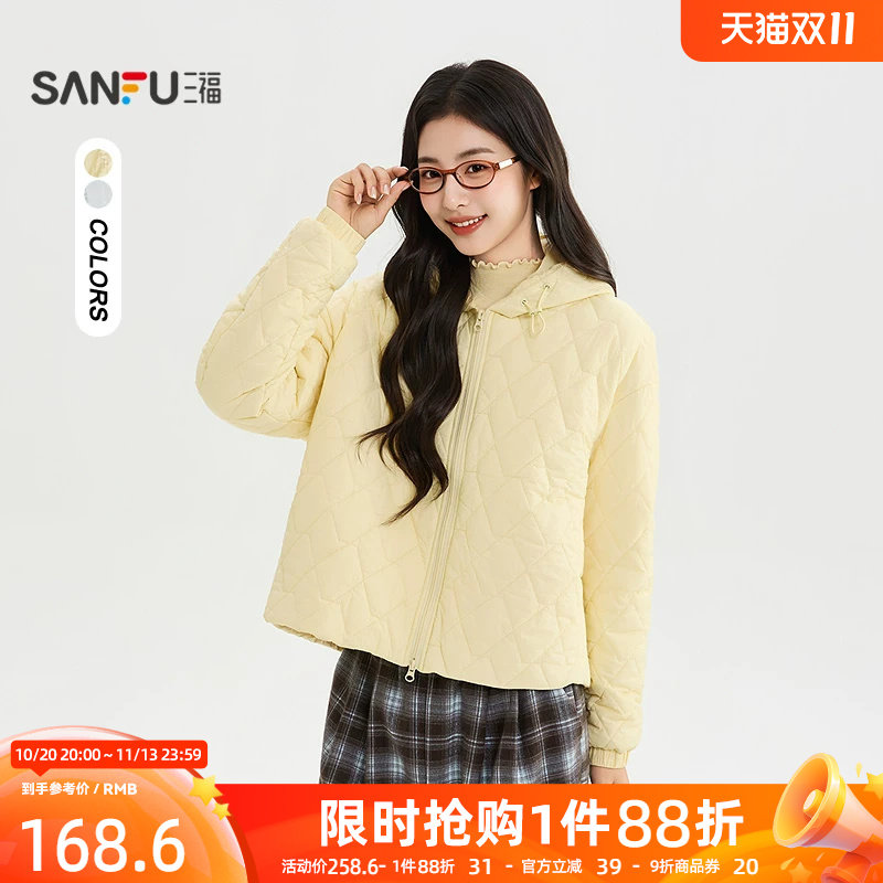 三福女棉衣2026秋季新款休闲风抽绳宽松连帽棉服短装外套上衣女装