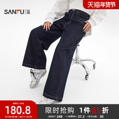 子女装 三福直筒牛仔裤 复古铆钉装 饰宽松阔腿蓝色长裤 2026新款 春季