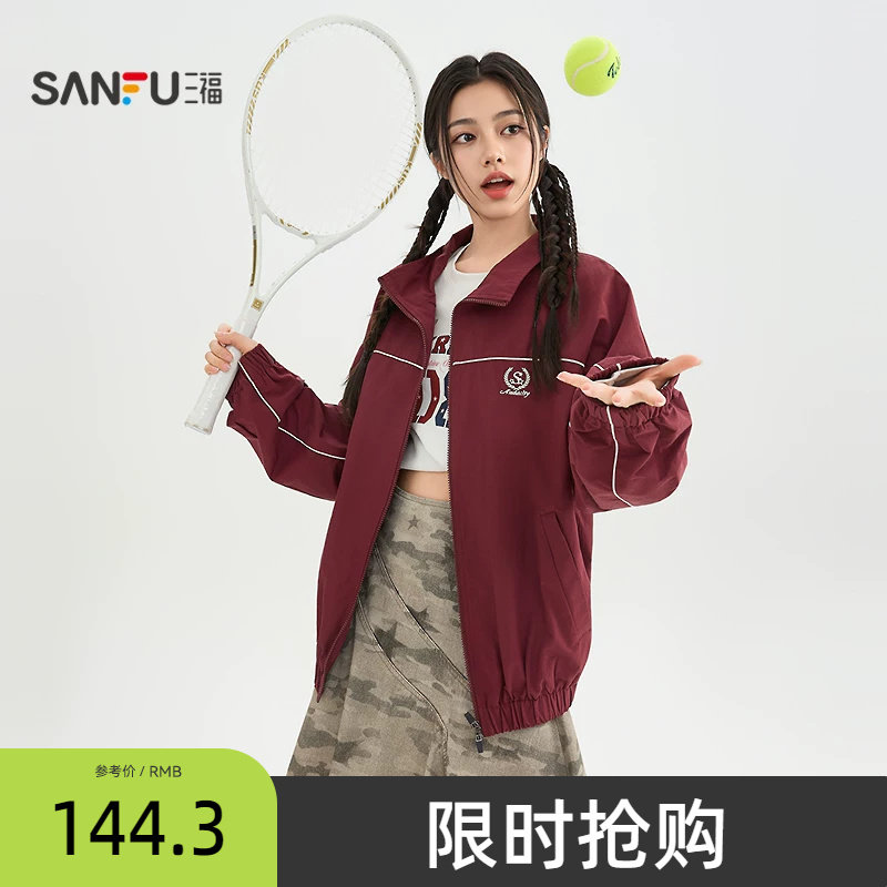 三福红色外套女2026春季高级感插肩袖夹克翻领宽松上衣女装519642