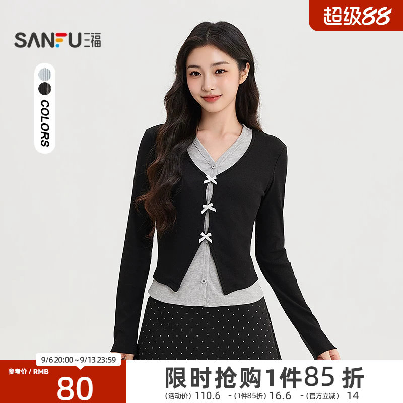 三福女长T恤2026秋季新款气质蝴蝶结装饰假两件休闲长袖上衣女装图片