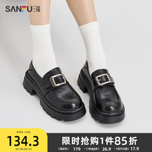 三福乐福鞋女春季学院运动韩系抓皱搭扣增高厚底女鞋838520