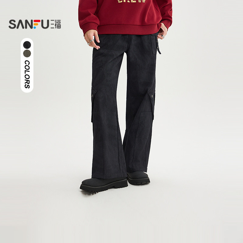 三福2025冬季男士蜡染飘带休闲裤 多口袋宽松喇叭裤长裤511710