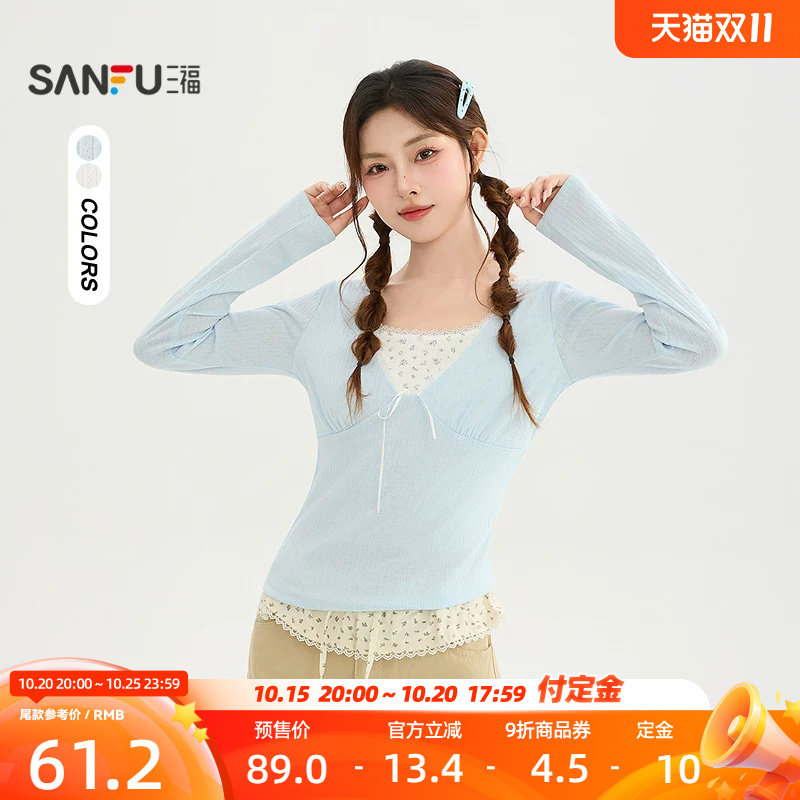 三福长T恤2026冬季假两件设计蕾丝碎花领甜美上衣女装531240