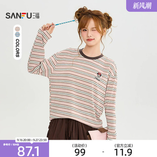 三福长T恤2026秋季圆领米奇印花章仔条纹宽松上衣女装529756