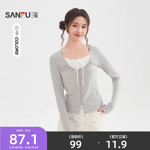 三福长袖T恤女2026新款春季小个子绑带假两件短款上衣女装517366