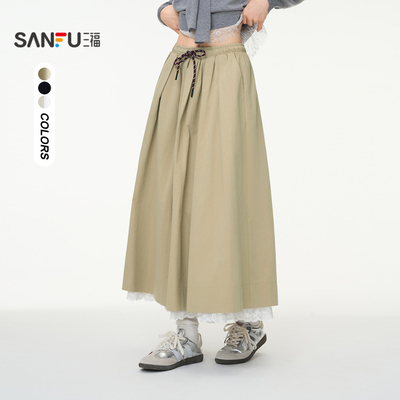 三福半身裙长款秋季蕾丝拼接裙子女