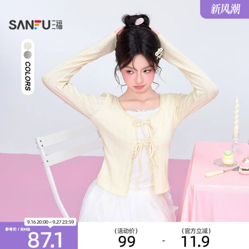 三福长T恤2026秋季绑带假两件蕾丝花边领口上衣女装529708
