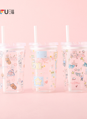 三福缔卡洛卡桌面简约吸管玻璃杯520ML 创意饮水杯520449