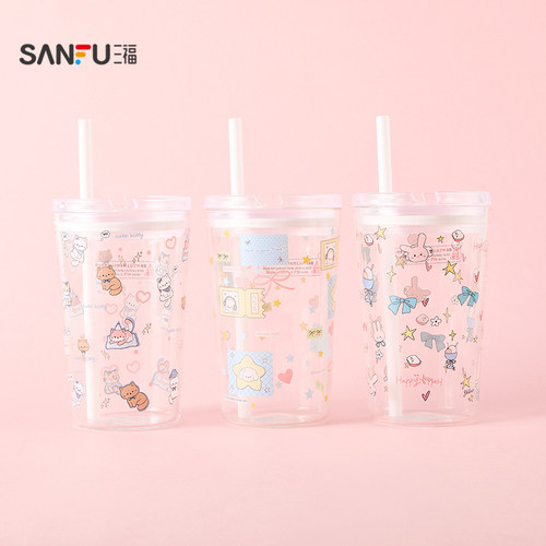 三福缔卡洛卡桌面简约吸管玻璃杯520ML 创意饮水杯520449