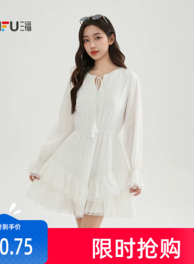 三福白色连衣裙2026新款夏季蕾丝拼接摆绑带领口短裙子女装520153