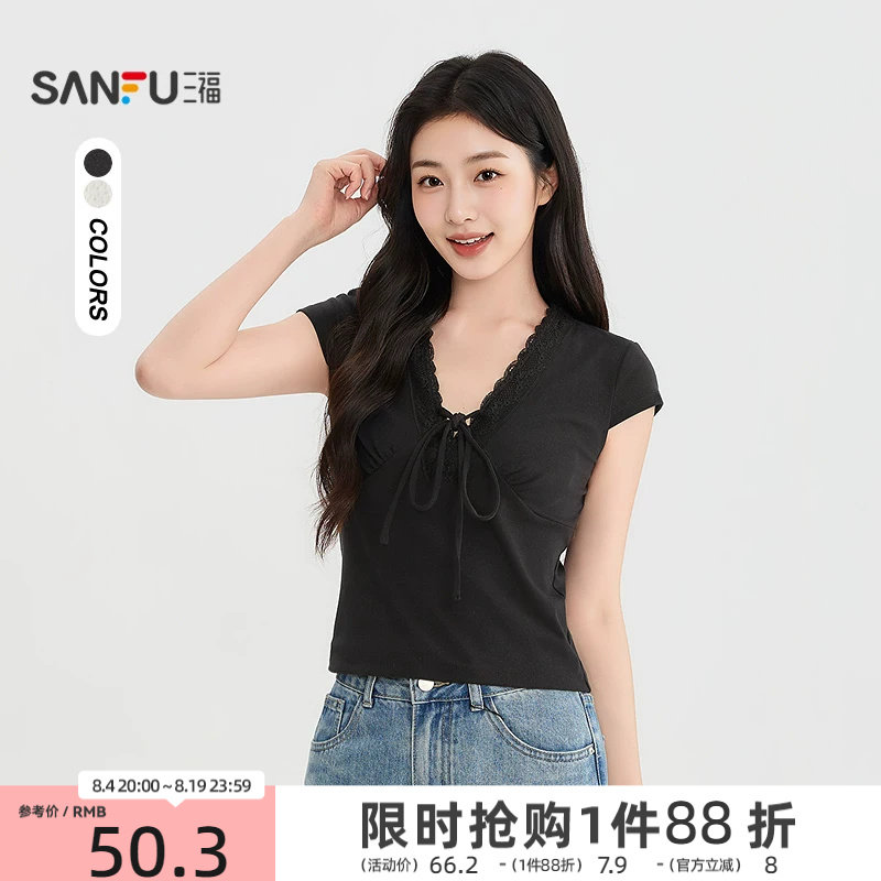 三福女短T恤2026夏季新款气质蕾丝花边领蝴蝶结绑带上衣女装