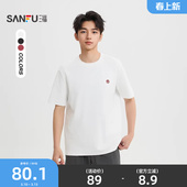 都市宽松圆领上衣518784 文字刺绣纯色短T恤 三福2026春季 男士