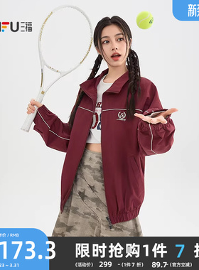 三福红色外套女2026春季高级感插肩袖夹克翻领宽松上衣女装519642