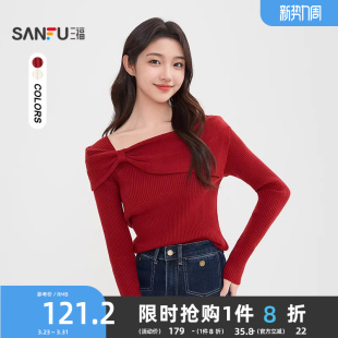 女装 气质优雅方领本命年针织衫 516789 春季 三福红色毛衣女2026新款