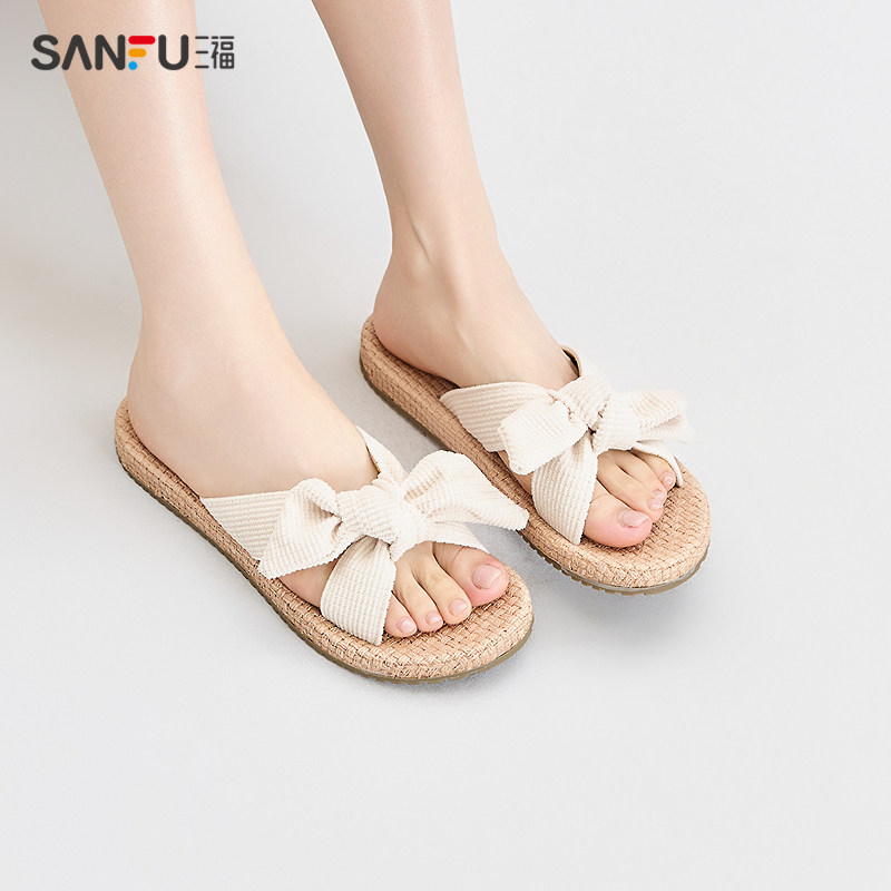 三福凉拖鞋女夏季甜心少女波西米亚风麻底露趾轻法式女鞋841423