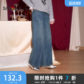时尚 春季 烫钻阔腿裤 宽松直筒裤 514662 三福牛仔裤 子女装 女2026新款