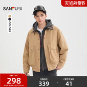 三福2026春季 夹克街头大口袋宽松外套516537 拼皮翻领工装 新款 男士