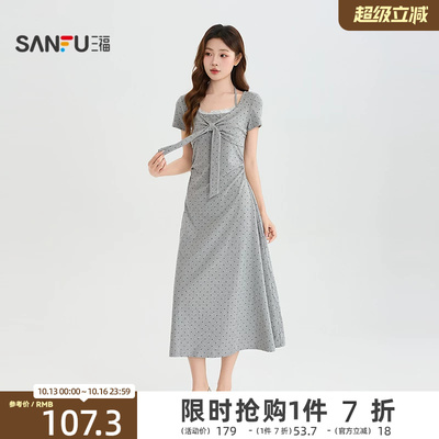 三福连衣裙2026夏季波点绑带挂脖假两件蝴蝶结裙子女装527284