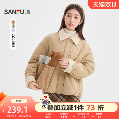 三福棉衣棉服女2025冬季撞色灯芯绒棉袄菱形格宽松外套女装845249
