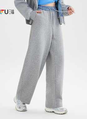 三福灰色休闲裤2025新款冬季格子拼接弯刀裤松弛感裤子女装512822