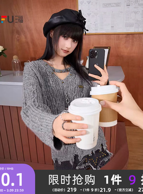 三福灰色毛衣2026新款春季铆钉V领破洞摆宽松套头上衣女装515150