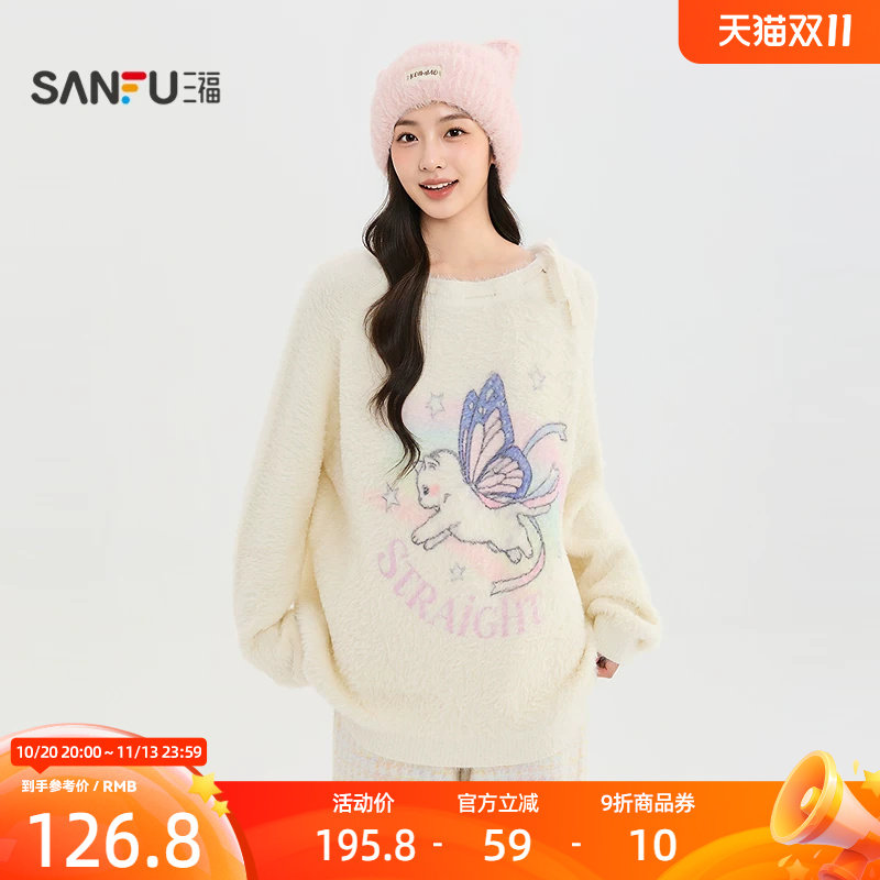 三福女毛衫2026冬季新款可爱套头毛衣猫咪图案蝴蝶结绑带上衣女装