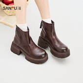 三福女短靴冬季 848373 静奢老钱风复古机能风纯色厚底圆头女鞋