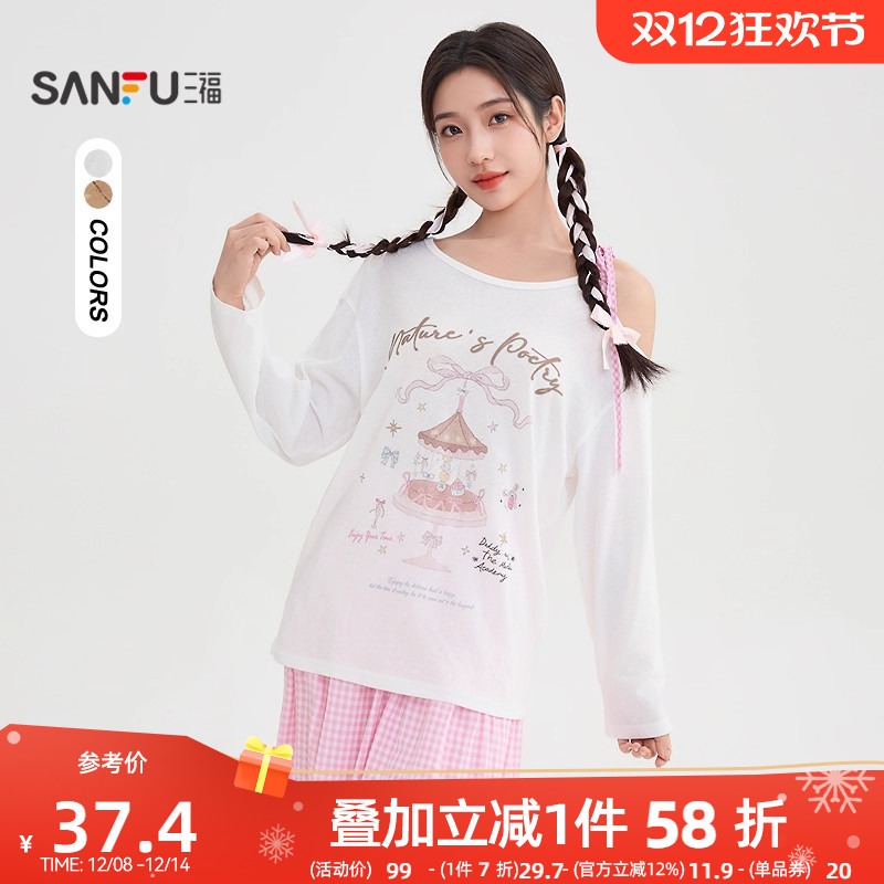 三福长袖T恤女2025新款秋季甜美印花绑带斜肩宽松上衣女装505893