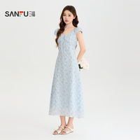 Sanfu Dress 2026 Summer Lace-up decorated V-neck Black Fungus Lace Cinched Waist Long Dress for Women, 527172 thumbnail 3