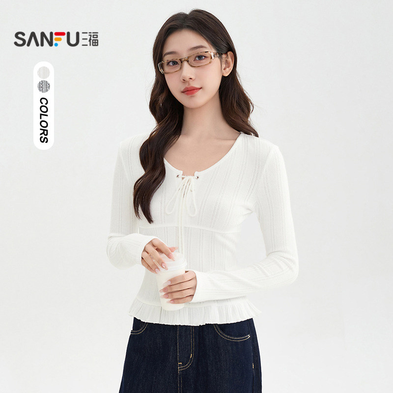 三福长袖T恤2025新款秋季绑带圆领荷叶边下摆内搭针织衫上衣女装